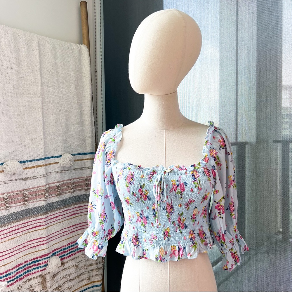 Floral Smocked Light Blue Crop Top with Ruffle Trim